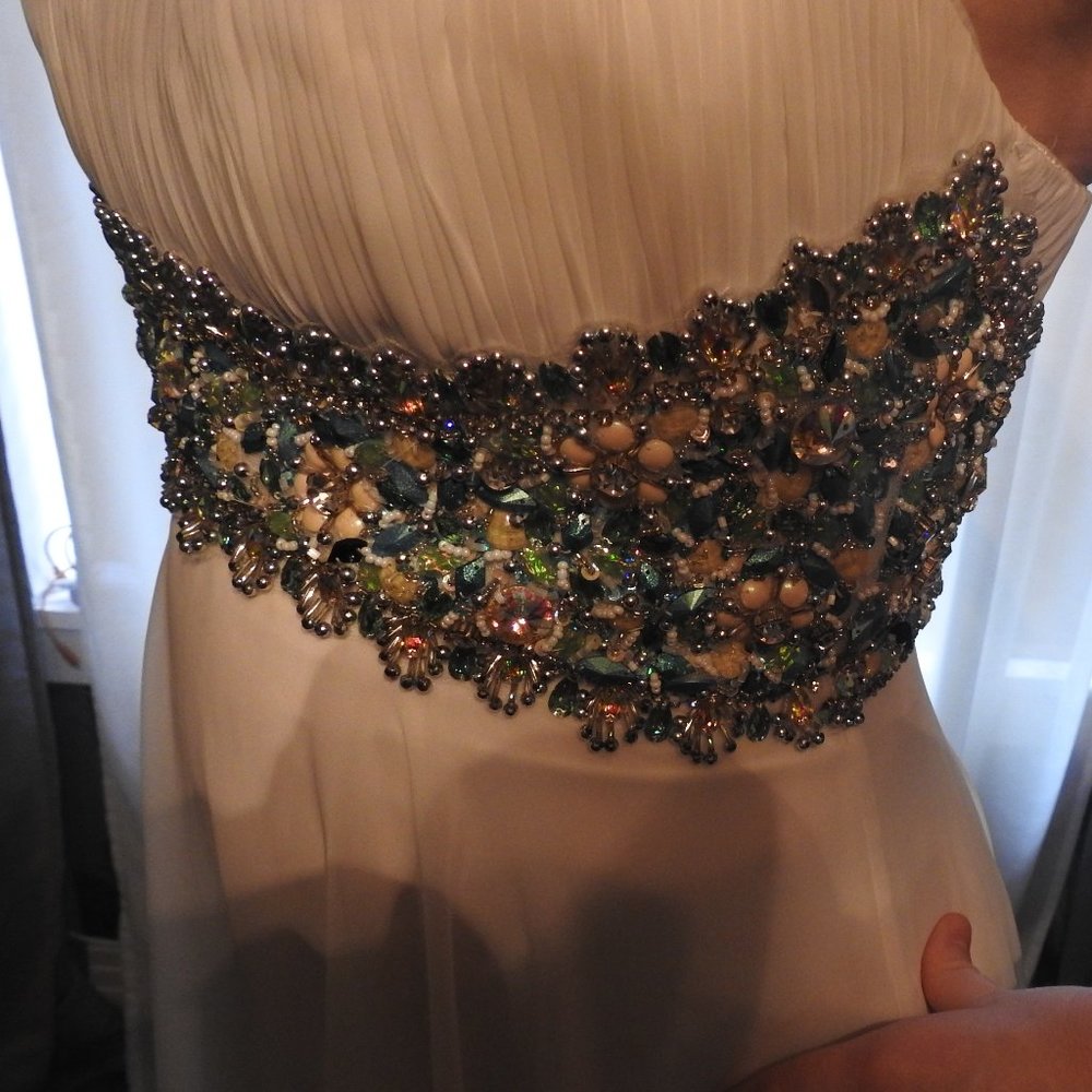 White Sherri Hill Jewel Encrusted Gown teal silver - Picture 4 of 15